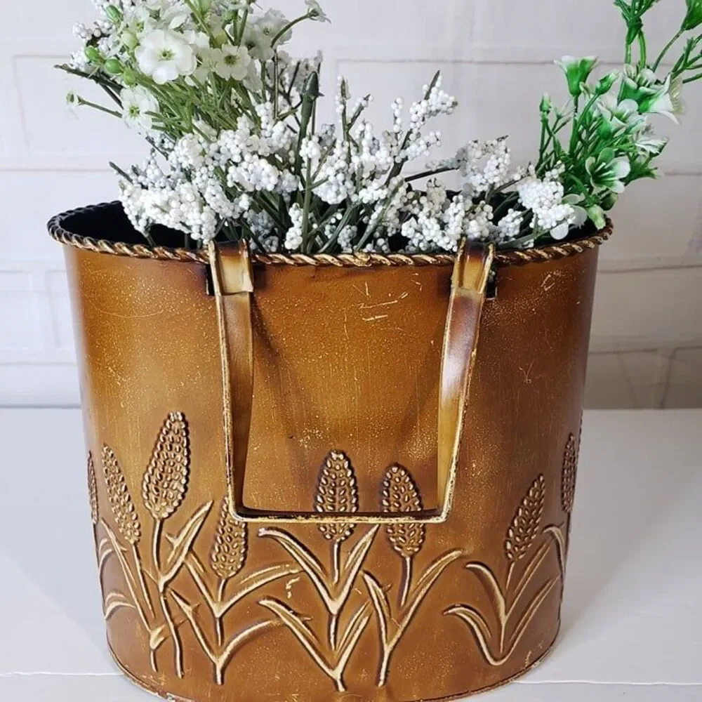 Rustic Distressed Tan Metal Wheat Corn Bucket Vase Decor 7